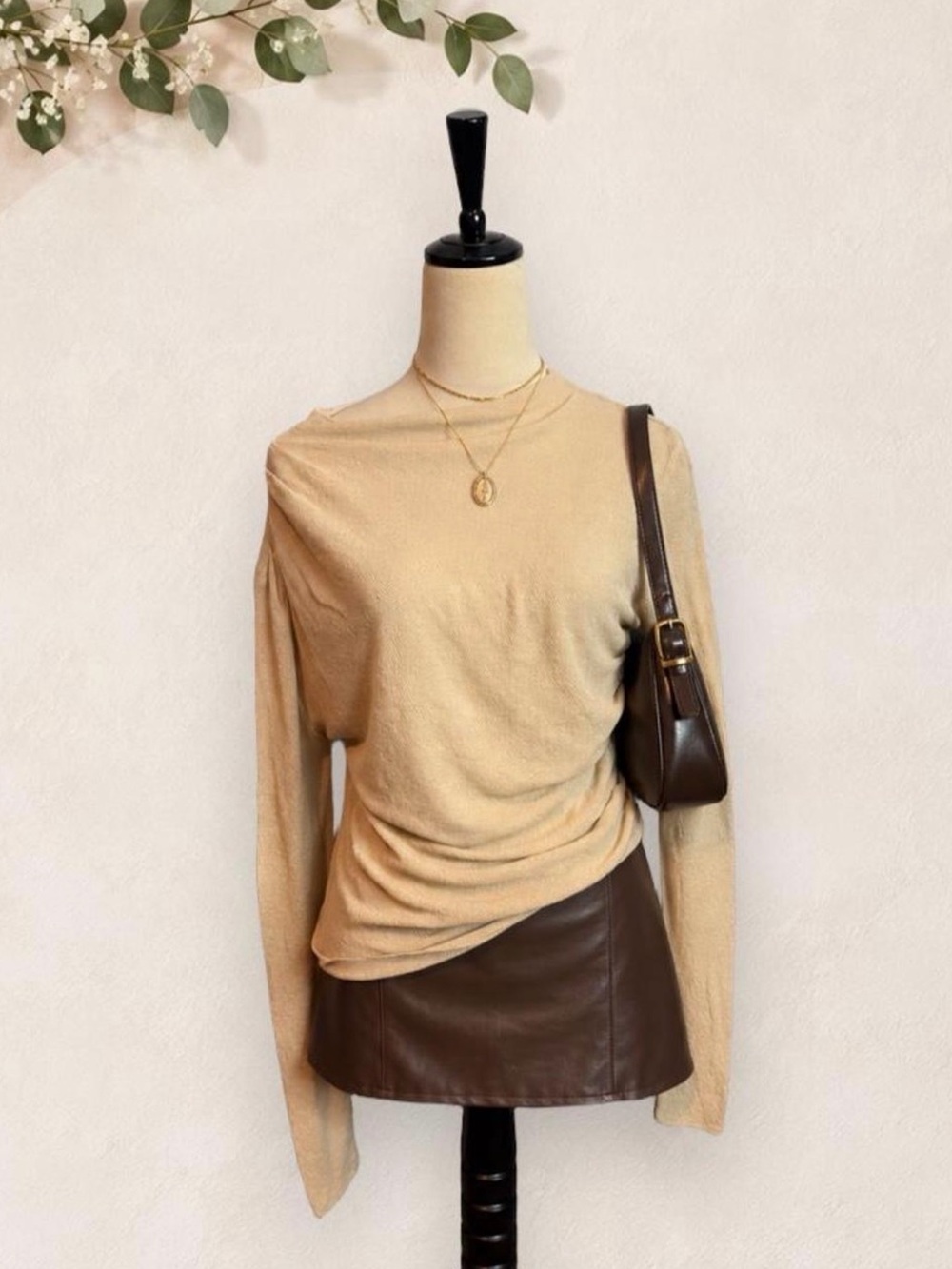 Zara Beige Asymmetric Draped Knit Long Sleeve Ruched Top Small
